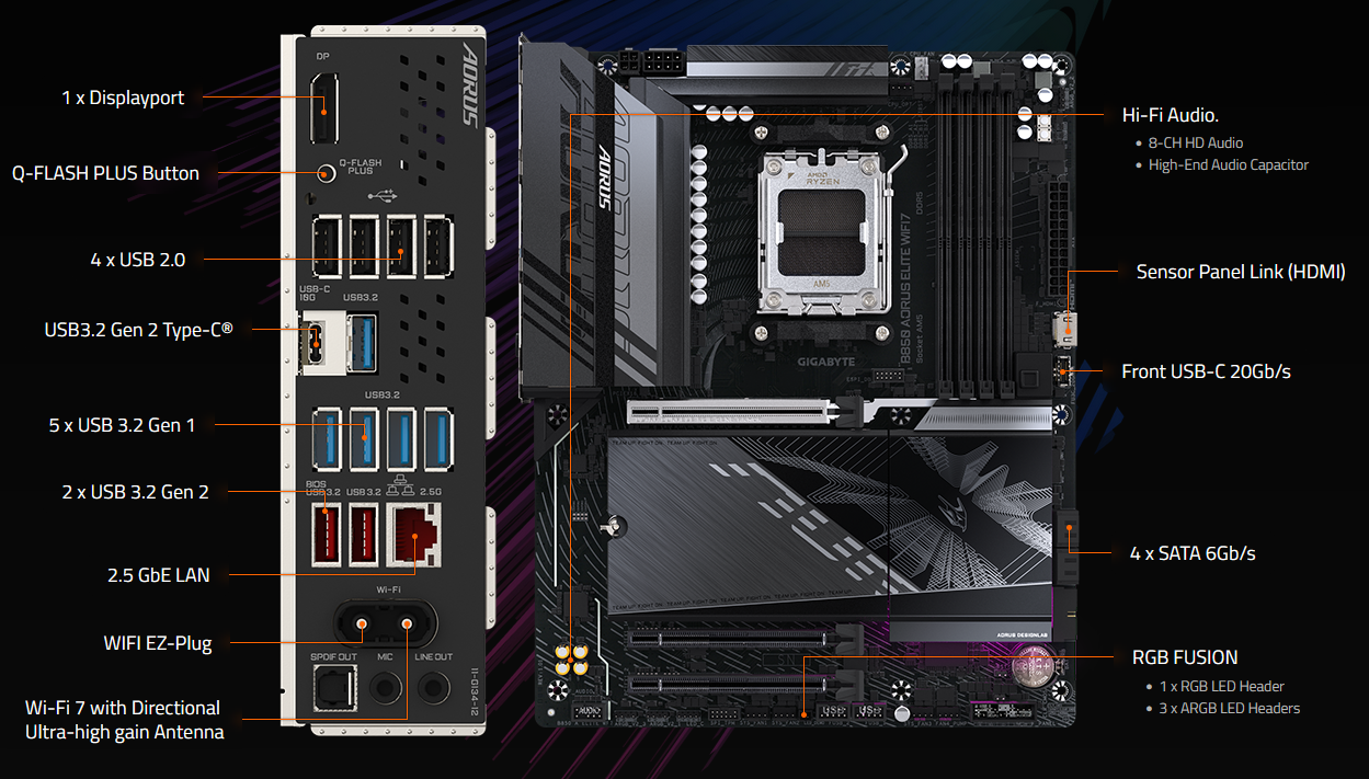 GIGABYTE B850 Aorus Elite Wifi7 DDR5 AMD Motherboard - Green Apple Compunet