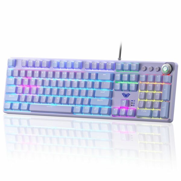 AULA F2088Pro Full Size USB Wired Mechanical Gaming Keyboard with Media Knob | Purple, Red Switches - Green Apple Compunet