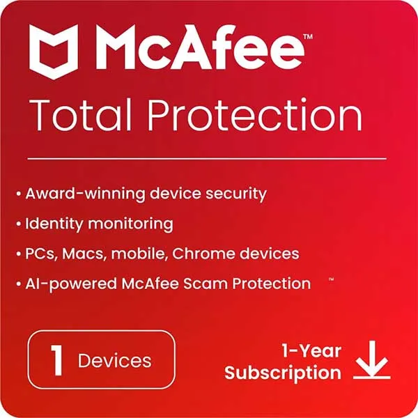 McAfee Total Protection 2024 | 1 Device, 1 Year | Antivirus Internet Security Software | PC/Mac/Android/iOS | Email Delivery
