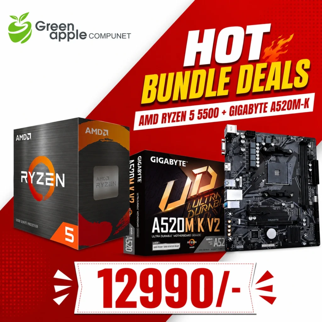 GREEN APPLE COMPUNET AMD Processor Motherboard Bundle – Ryzen 5 5500 +Gigabyte A520MK