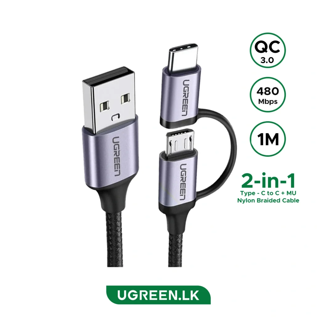 UGREEN US177 USB-A to Micro USB + USB Type-C Cable 1m (Black)-30875