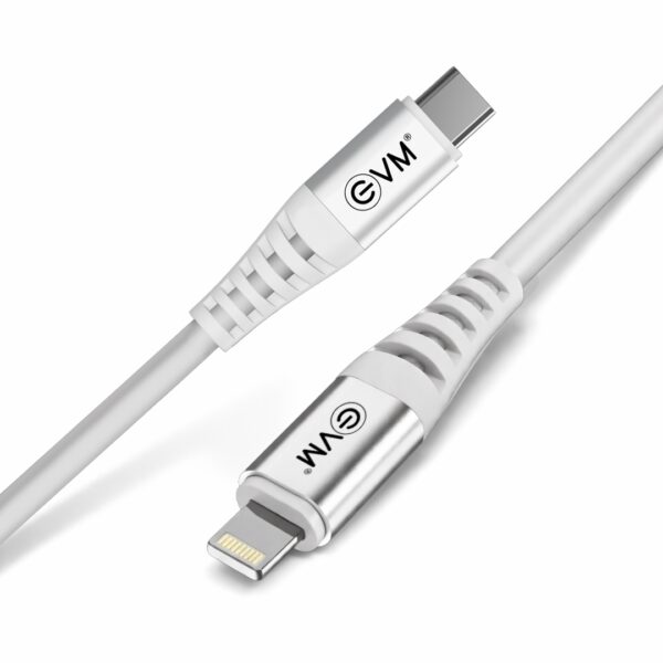 EVM Soft Silicone USB-C to Lightning Cable for Charging & Data Transfer – White 1M