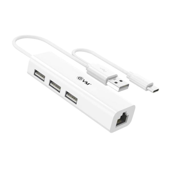EVM USB 2.0 to RJ45 Ethernet Adapter with 3-Port USB Hub | High-Speed LAN Adapter