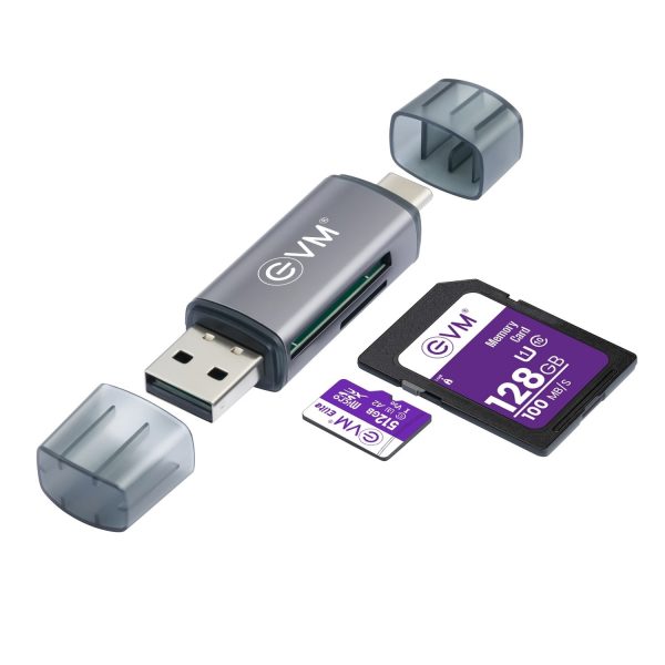 EVM 4-in-1 OTG Memory Card Reader | USB, Type-C & Lightning | SD & microSD | Plug & Play | High-Speed Data Transfer