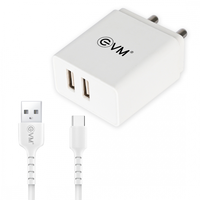 EVM CH-04 Fast Dual USB Charger with Type-C Cable – White