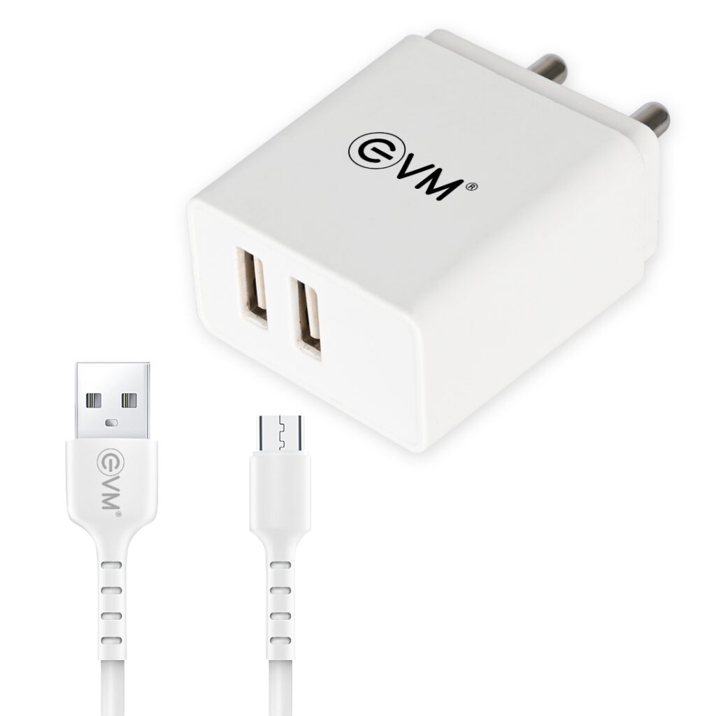EVM CH-03 Wall Charger with Dual USB Ports & Micro USB Cable – White