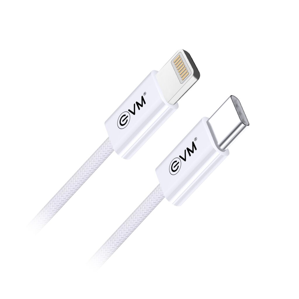 EVM Nylon Braided Type-C to Lightning Cable – Fast Charge 27W White 1M