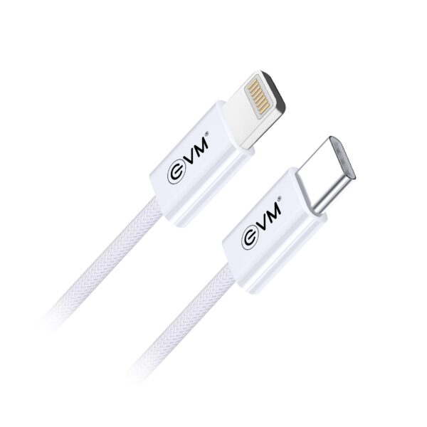EVM Nylon Braided Type-C to Lightning Cable – Fast Charge 27W White 1M