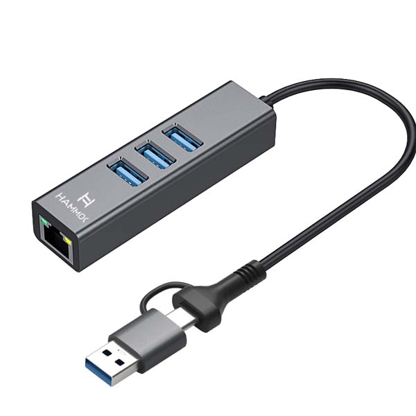 Hammok Prime USB 3.0 & USB Type-C to Gigabit LAN Ethernet Adapter with 3-Port USB 3.0 Hub (RJ45)