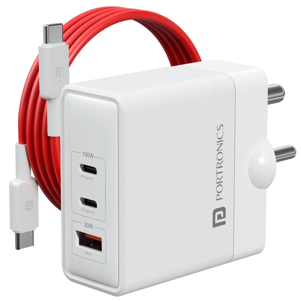 Portronics Adapto 100W GaN Fast Charger 2 Type-C + 1 USB Port | Includes 100W Type-C Cable