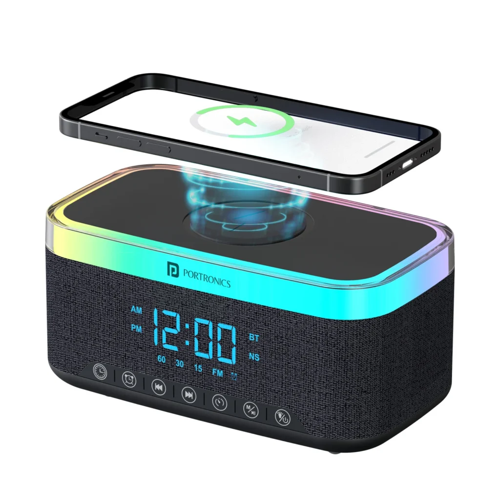 Portronics TriFusion 16W Bluetooth Speaker | RGB LED Light | Digital Clock with Alarm | White Noise