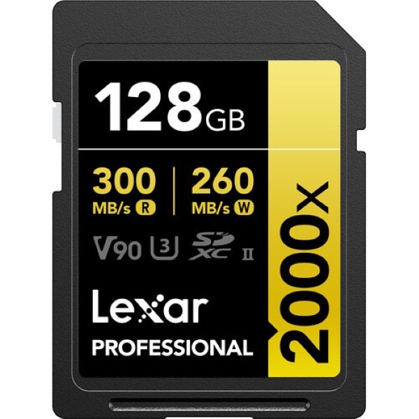 Lexar Professional 2000x GOLD Series 128GB SDXC UHS-II Memory Card | Up to 300MB/s Read | V90 | 8K Video Recording